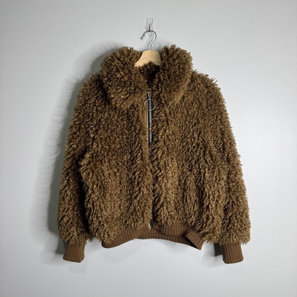 Zara Jackets & Blazers - Zara TRF Jacket Womens XS Brown Faux Fur Teddy Bomber Zip Up Cozy Sherpa